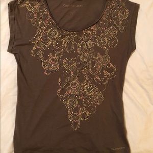 Calvin Klein Scoop Neck Short Sleeve Top with Metal Accents Medium